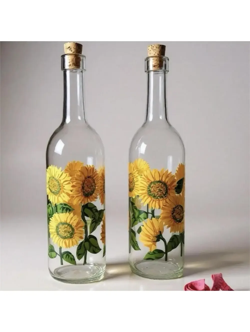 Vintage Sunflower Glass Bottles with Cute Garden Gnome Figurine